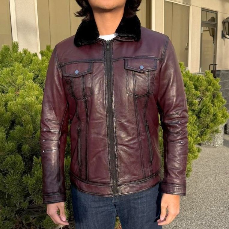 Men's Sheep Leather Jacket with Removable Fur Collar-1