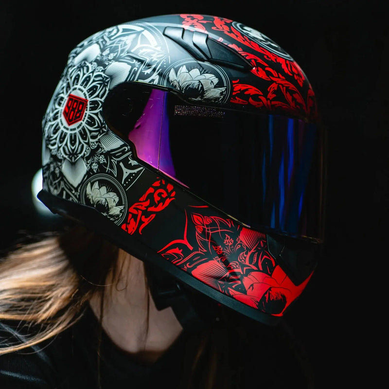 VOSS 988 Moto-1 Red Mandala Full Face Matte Motorcycle Helmet-9