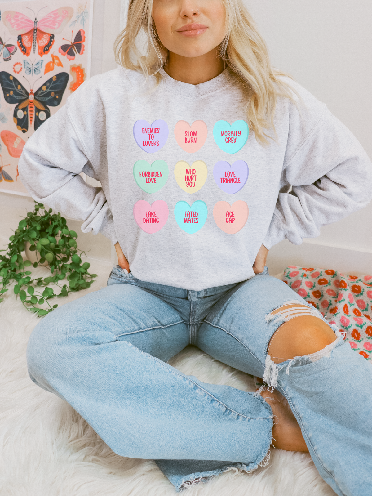 Conversation Heart Tropes Unisex Crewneck Sweatshirt | Bookish-2