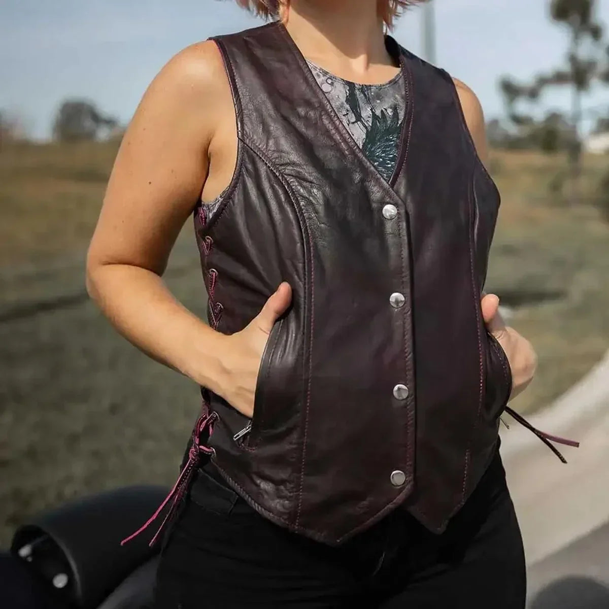 Open Road Women's Lace Side Leather Vest-1
