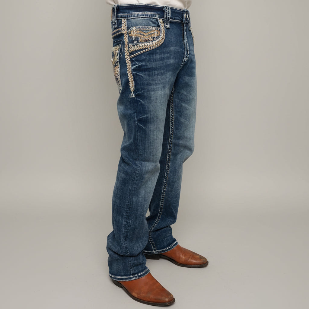Eagle Warrior Men’s Premium Bootcut Jeans. Tribal Embroidered 7-Pocket Stretch Denim-9