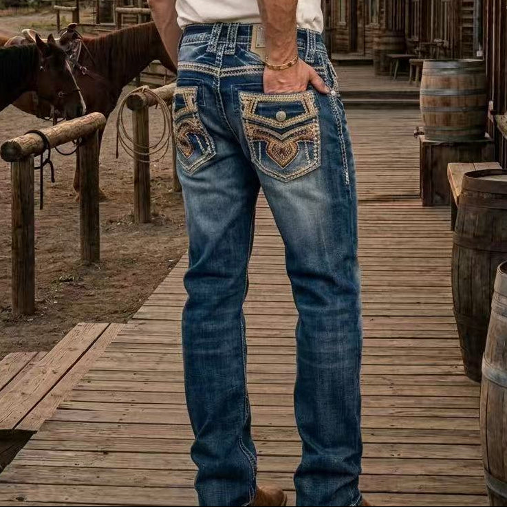 Eagle Warrior Men’s Premium Bootcut Jeans. Tribal Embroidered 7-Pocket Stretch Denim-1