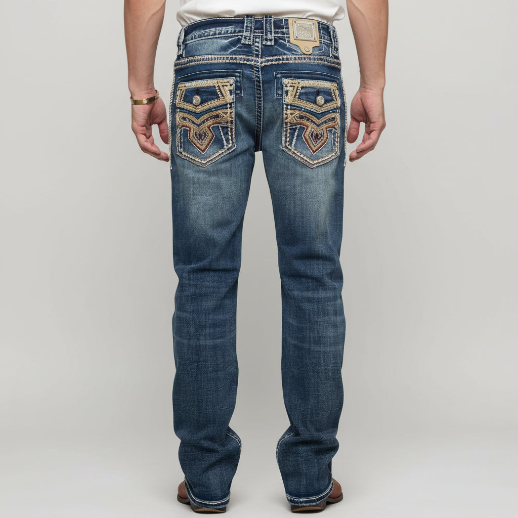 Eagle Warrior Men’s Premium Bootcut Jeans. Tribal Embroidered 7-Pocket Stretch Denim-3