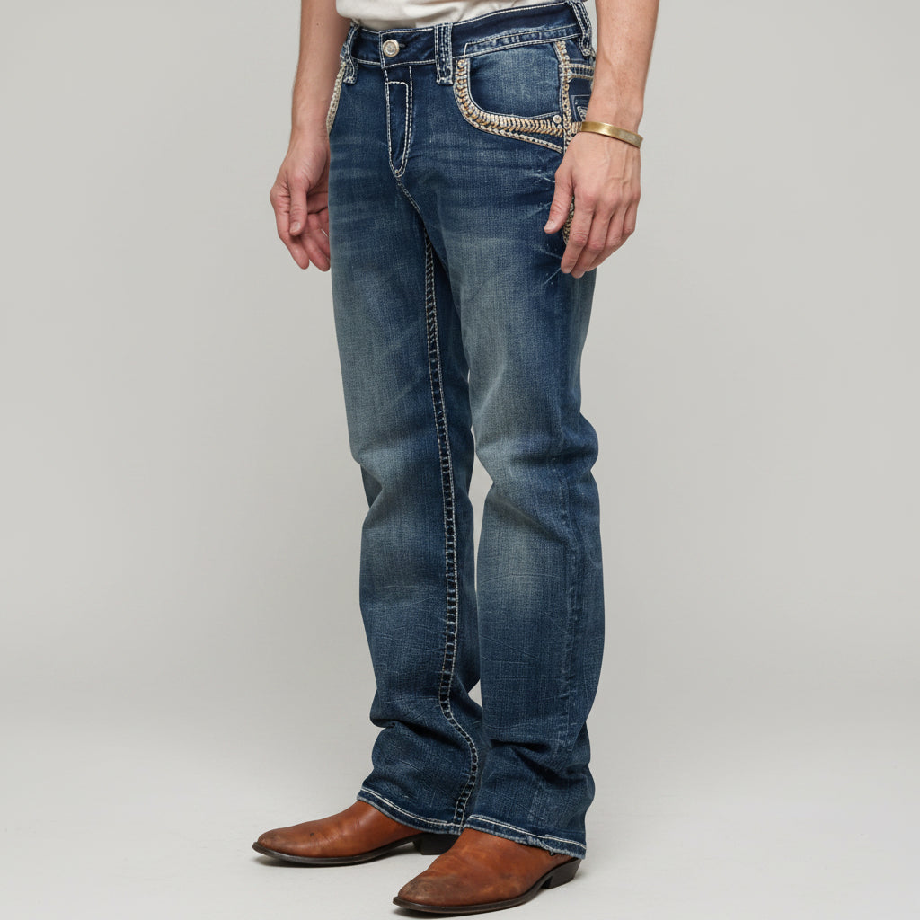 Eagle Warrior Men’s Premium Bootcut Jeans. Tribal Embroidered 7-Pocket Stretch Denim-8