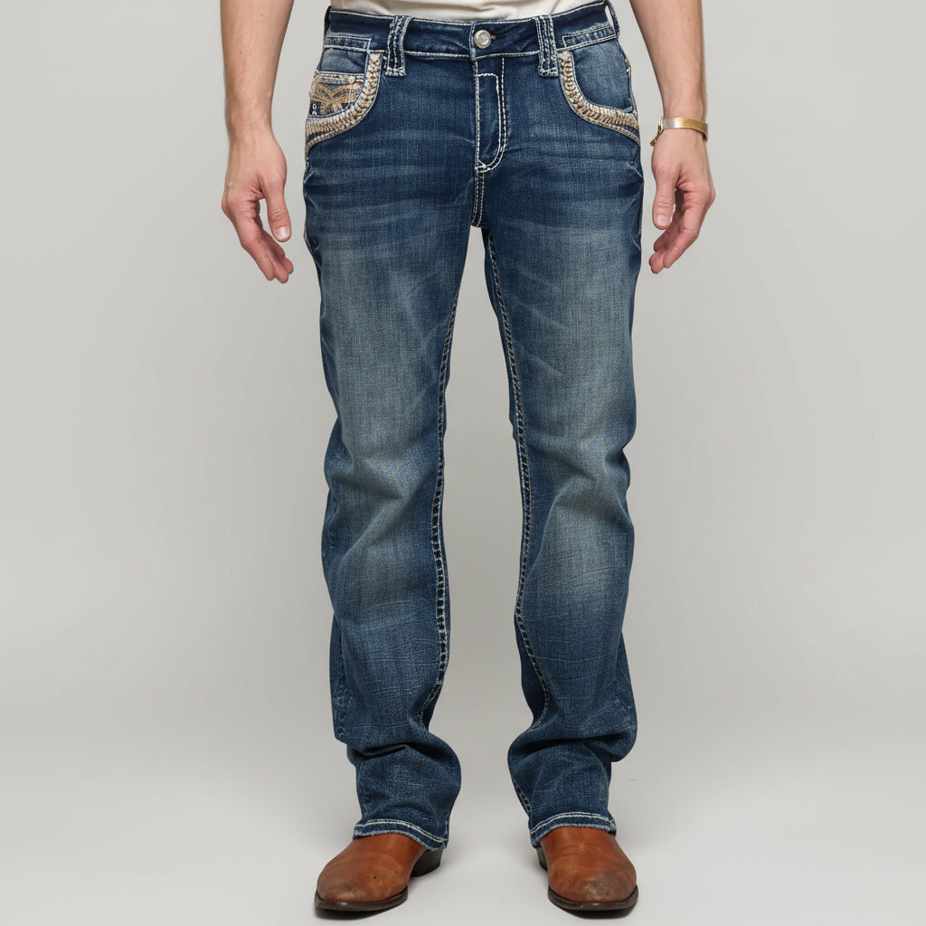 Eagle Warrior Men’s Premium Bootcut Jeans. Tribal Embroidered 7-Pocket Stretch Denim-4