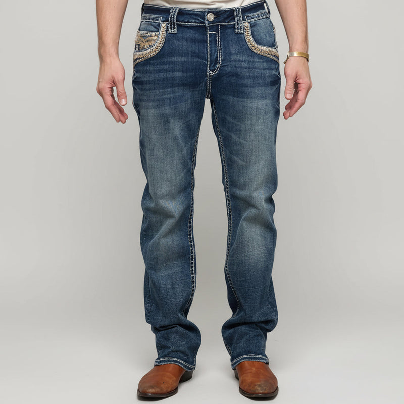 Eagle Warrior Men’s Premium Bootcut Jeans. Tribal Embroidered 7-Pocket Stretch Denim-4