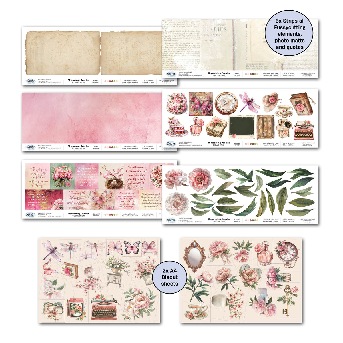3Quarter Designs Blossoming Peonies 12x12 Design Paper & Diecuts Set-6