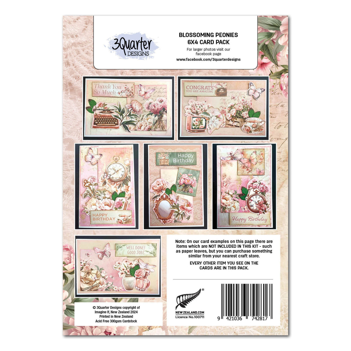 Pochette de 6 cartes 3Quarter Designs Pivoines épanouies 15,2 x 10,2 cm-2