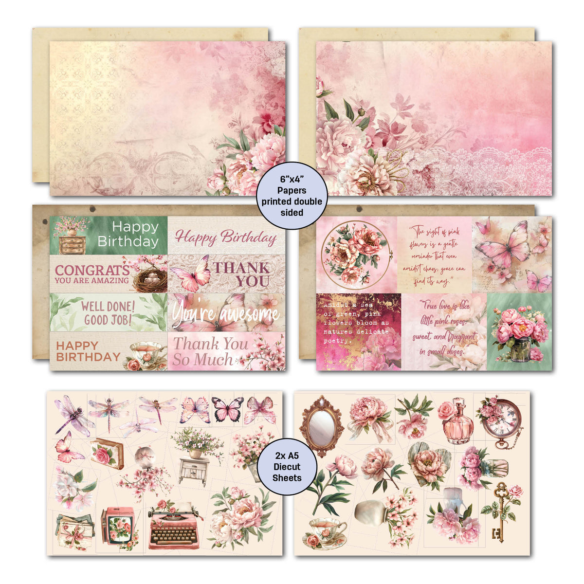 Pochette de 6 cartes 3Quarter Designs Pivoines épanouies 15,2 x 10,2 cm-5