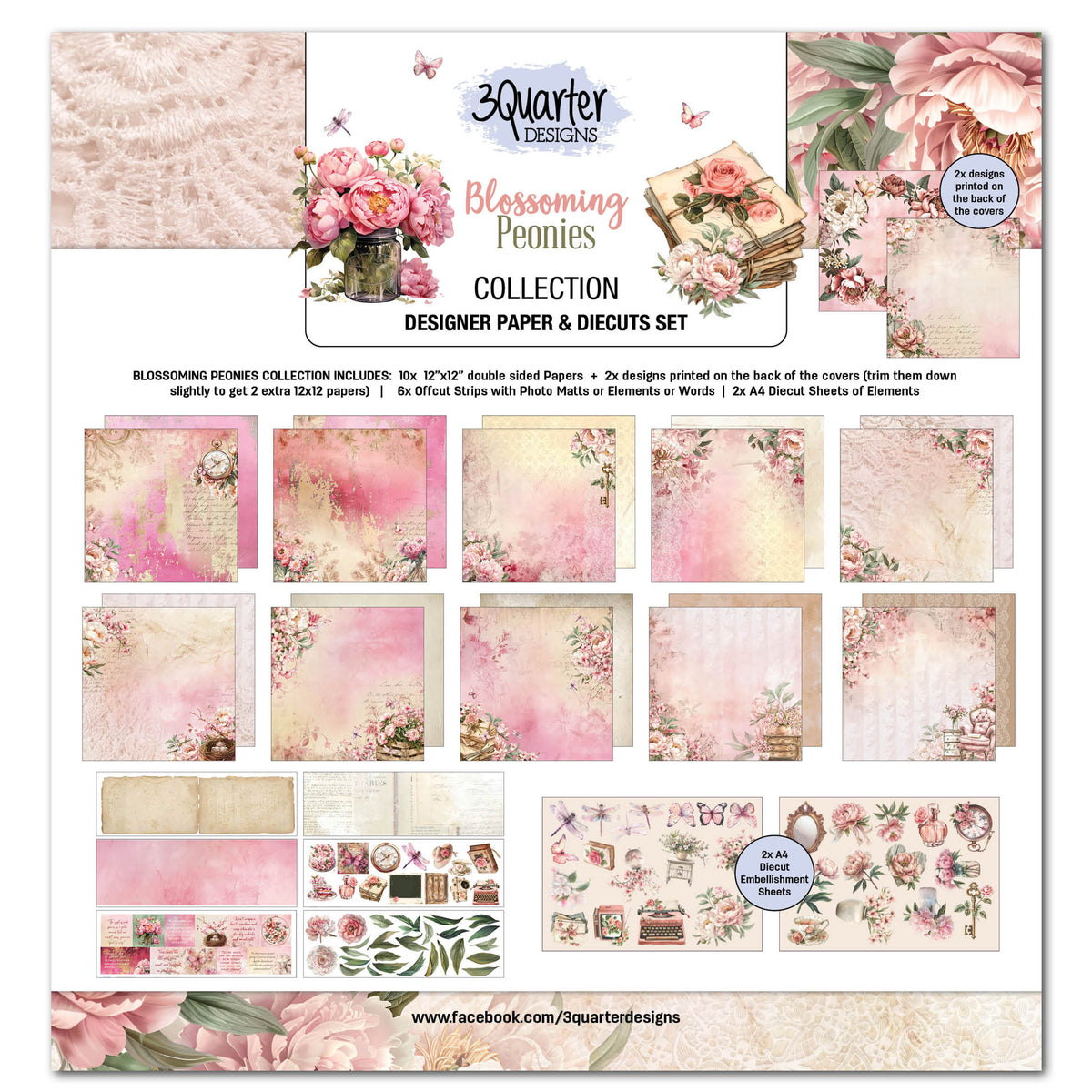 3Quarter Designs Blossoming Peonies 12x12 Design Paper & Diecuts Set-1
