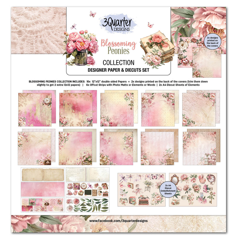 3Quarter Designs Blossoming Peonies 12x12 Design Paper & Diecuts Set-1