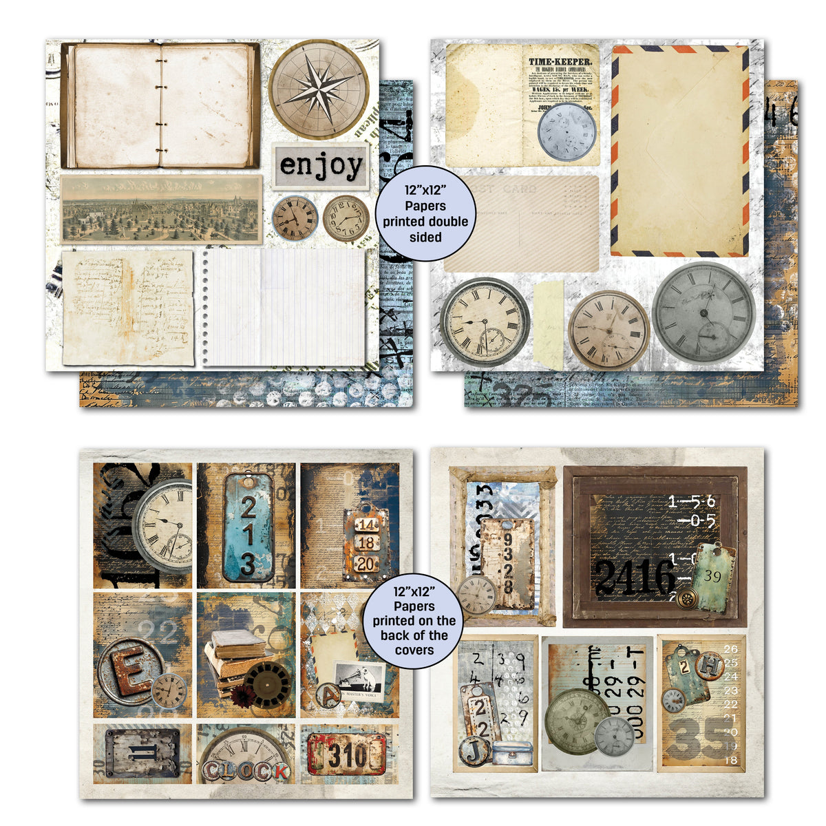 3Quarter Designs Eclectic Clocks 12x12 Design Paper & Diecuts Set-5
