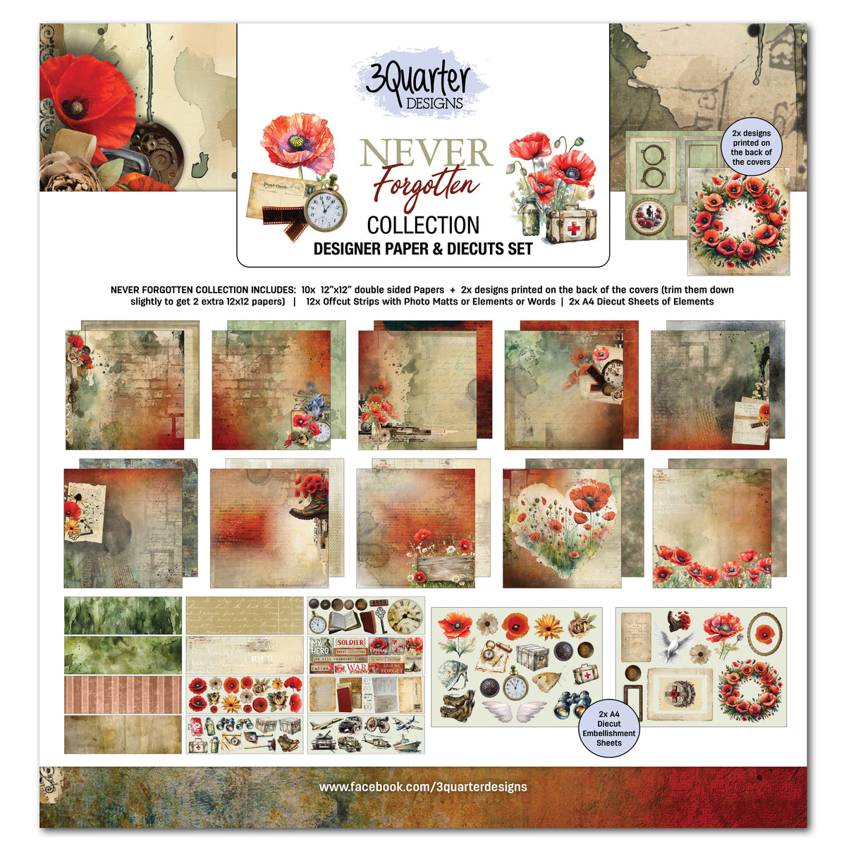 3Quarter Designs Collection Never Forgotten – Papier Design 30x30 cm et Die-cuts-1