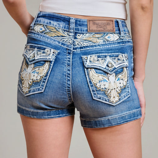 Westfield Eagle Women’s Embroidered Denim Shorts. High Waisted Eagle Wing Bling-5