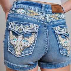 Westfield Eagle Women’s Embroidered Denim Shorts. High Waisted Eagle Wing Bling-4