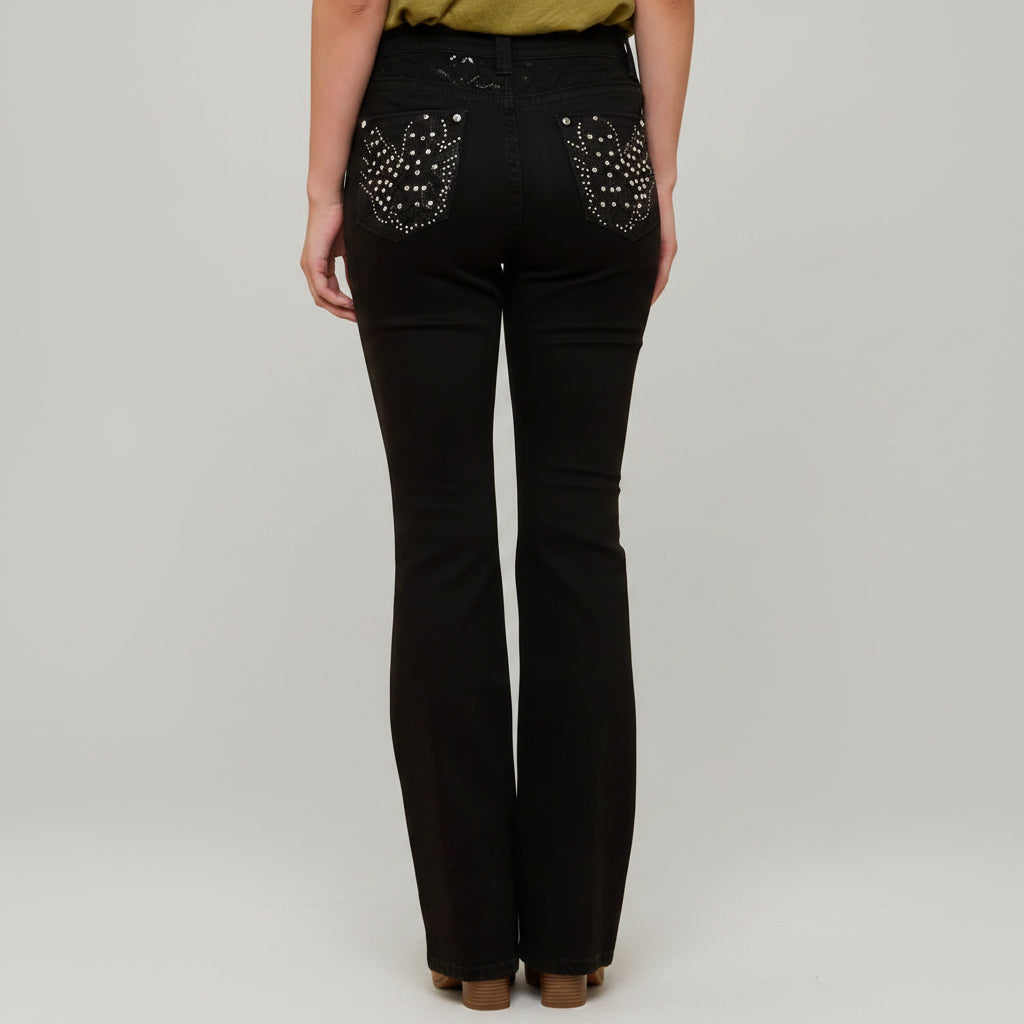 Westfield Eagle Women’s Black Bootcut Bling Jeans. High Waisted Embroidered Western Denim-1