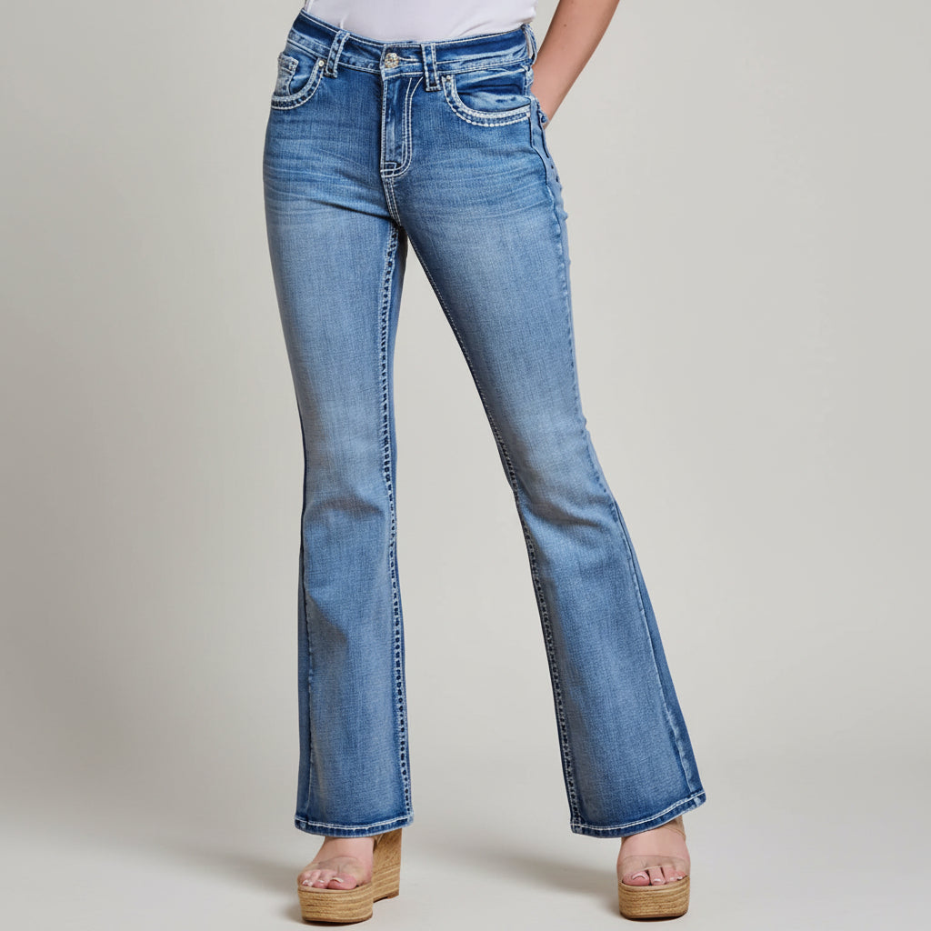 Westfield Eagle Women’s Embroidered Bootcut Jeans. High Waisted Saddle Stitch Stretch Denim-2