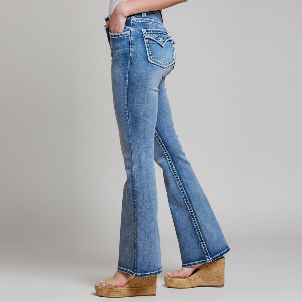 Westfield Eagle Women’s Embroidered Bootcut Jeans. High Waisted Saddle Stitch Stretch Denim-5