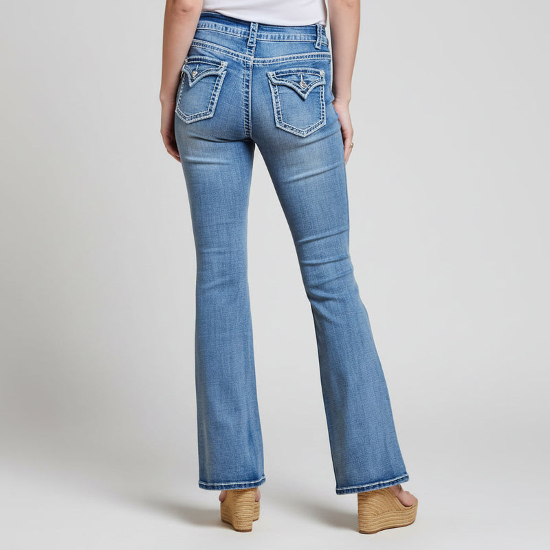 Westfield Eagle Women’s Embroidered Bootcut Jeans. High Waisted Saddle Stitch Stretch Denim-1