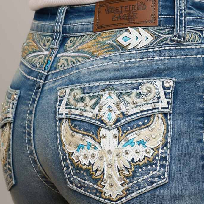 Westfield Eagle Women’s Embroidered Bootcut Jeans. High Waisted Eagle Bling Denim-4