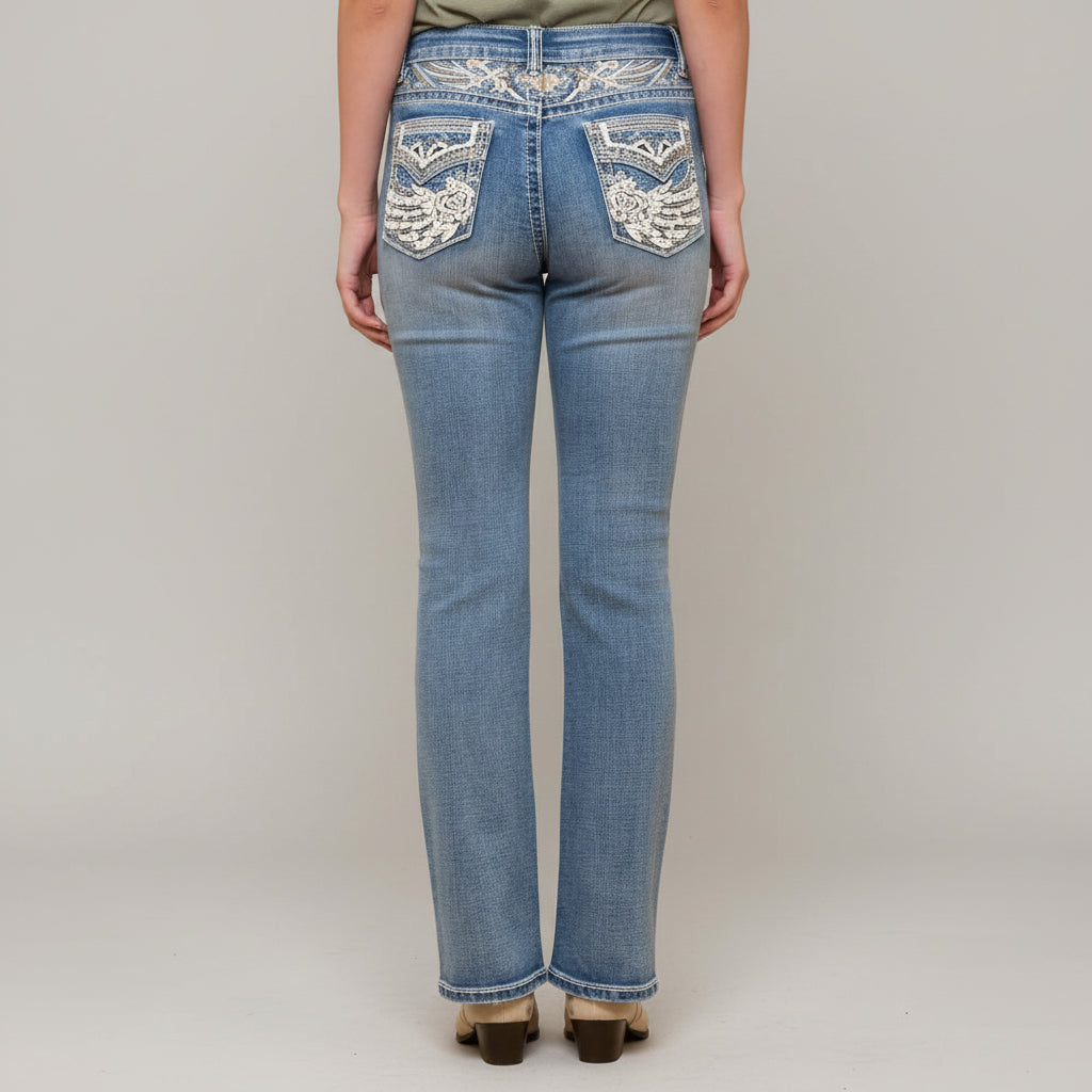 Westfield Eagle Women’s Embroidered Bootcut Jeans. Wings & Rose Bling Denim-1