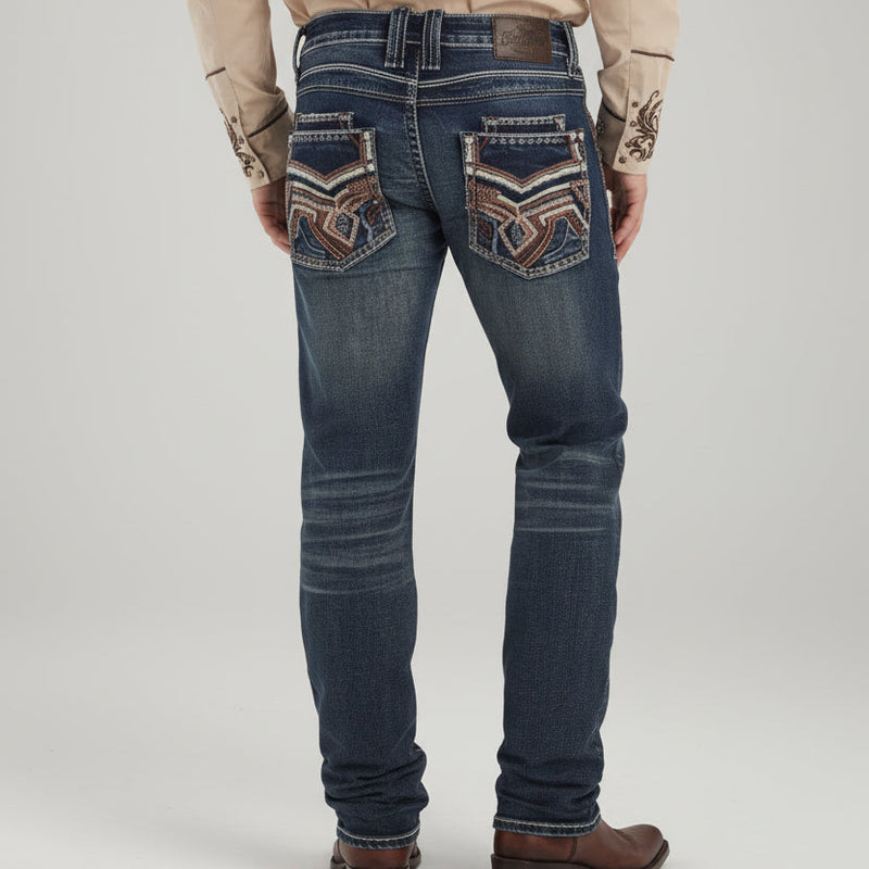 Eagle Warrior Men’s Premium Bootcut Jeans. Tribal Embroidered 7-Pocket Stretch Denim-1