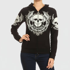 Women's Motorcycle Zip Up Hoodie with Rhinestone Skull & Wings-1