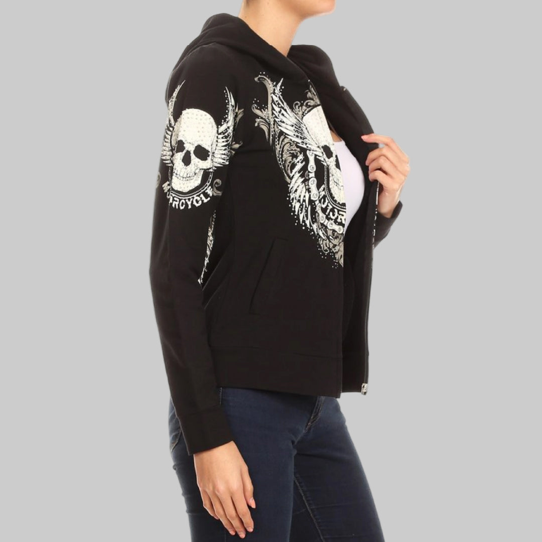 Women's Motorcycle Zip Up Hoodie with Rhinestone Skull & Wings-4