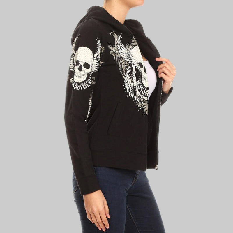 Women's Motorcycle Zip Up Hoodie with Rhinestone Skull & Wings-4