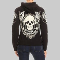 Women's Motorcycle Zip Up Hoodie with Rhinestone Skull & Wings-2