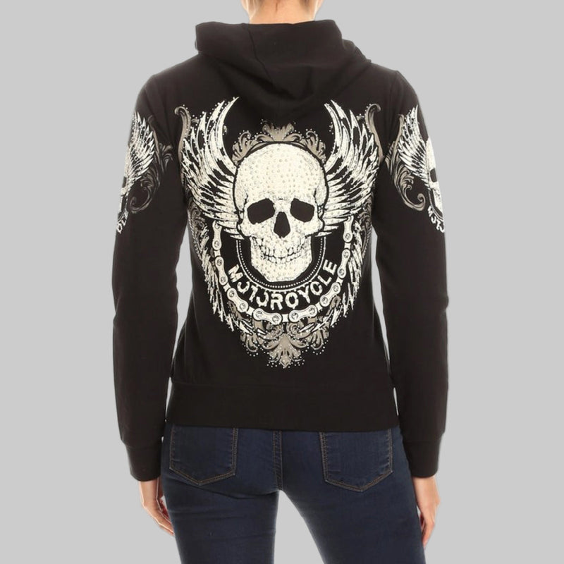 Women's Motorcycle Zip Up Hoodie with Rhinestone Skull & Wings-2