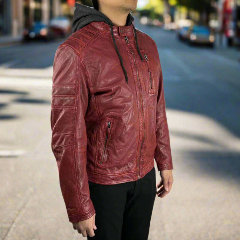 Men's Sheep Leather Jacket with Removable Hoodie-1