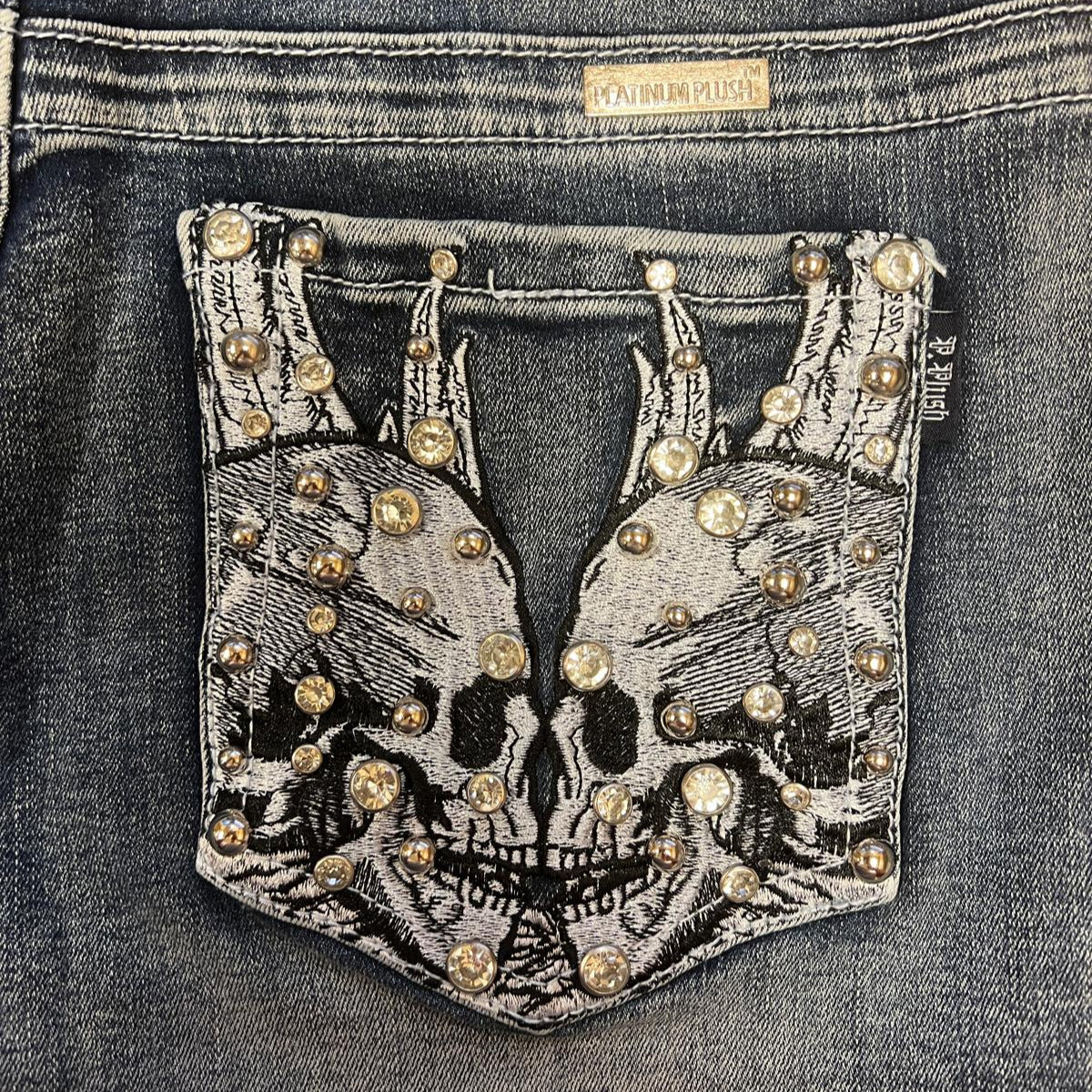 Bus Stop Women's Rhinestone Skull Wing Denim Shorts-4