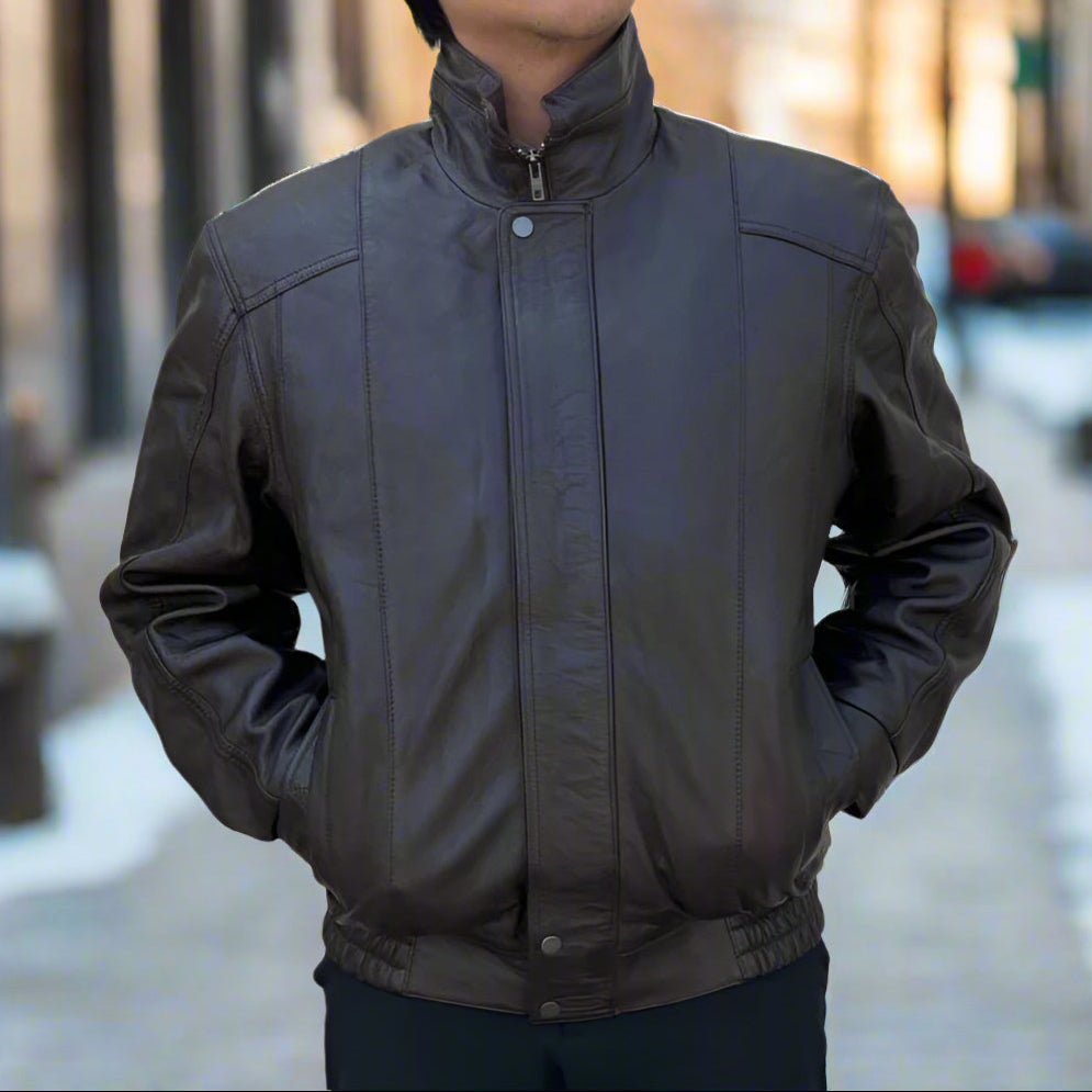 BOL Men's Double Pocket Leather Bomber Jacket-6