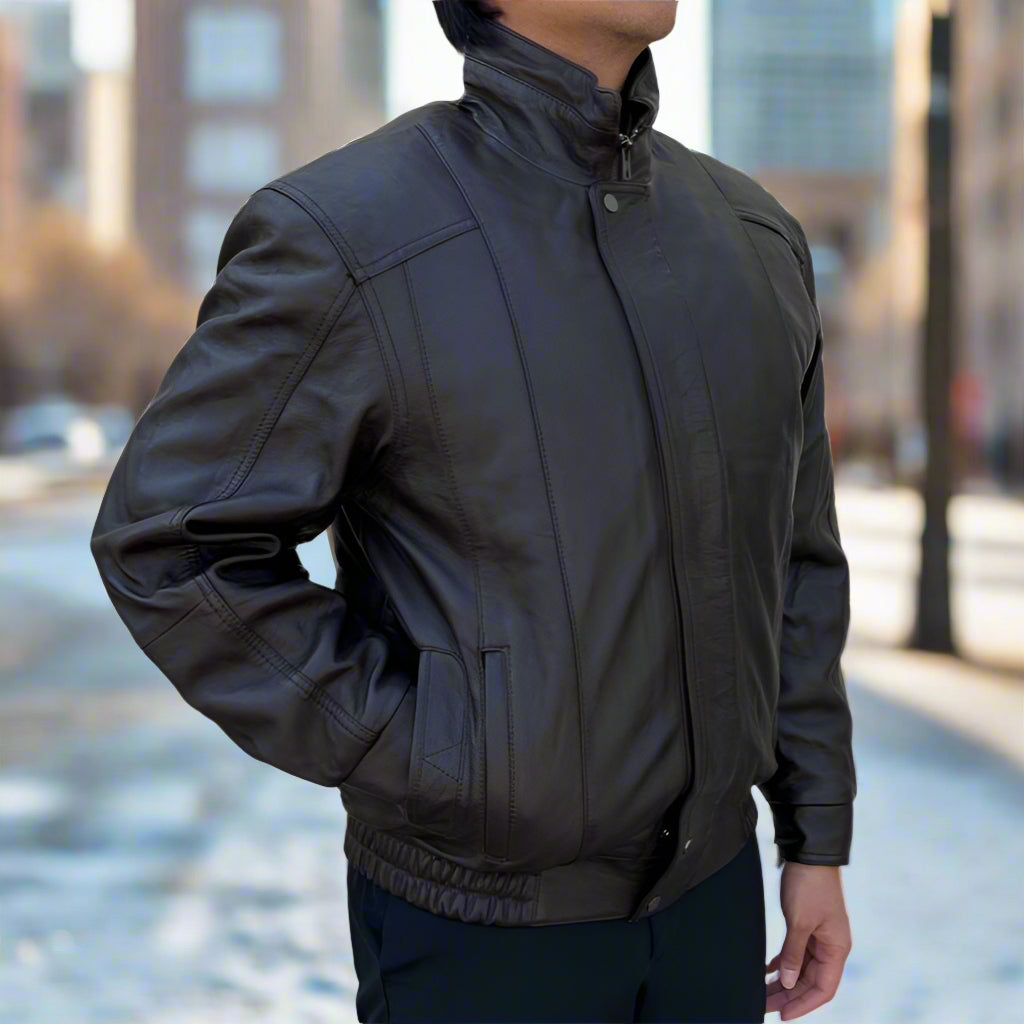 BOL Men's Double Pocket Leather Bomber Jacket-8