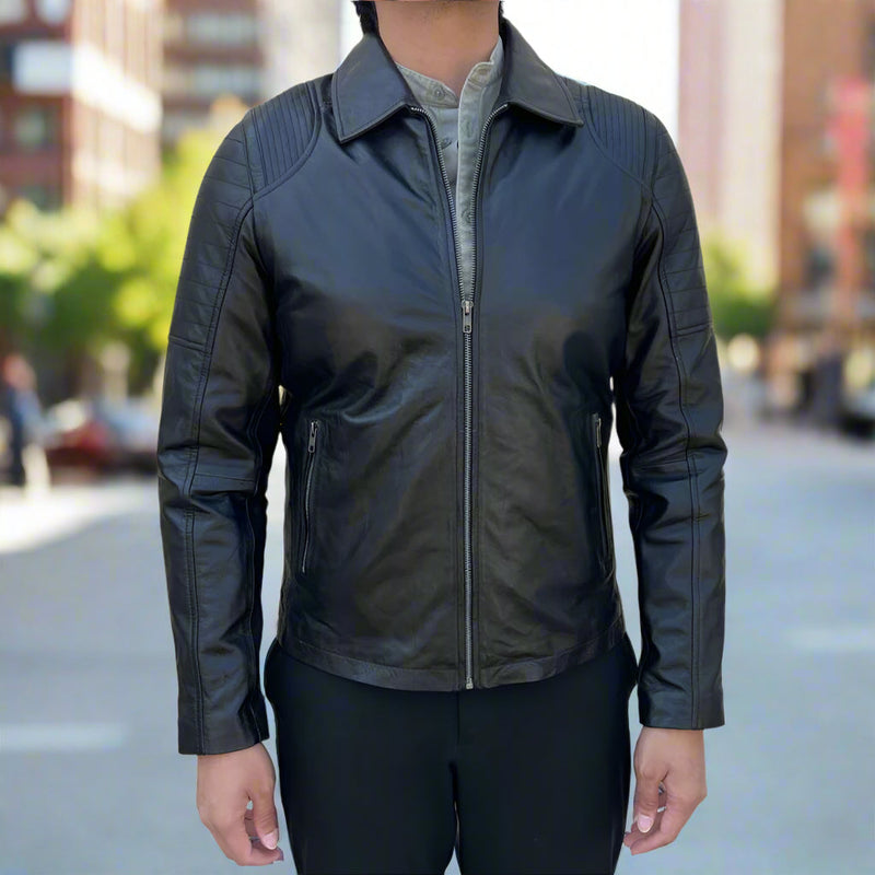 Men's Sheep Leather Jacket. Classic Quilted Shoulder Design with 2 Pockets-1