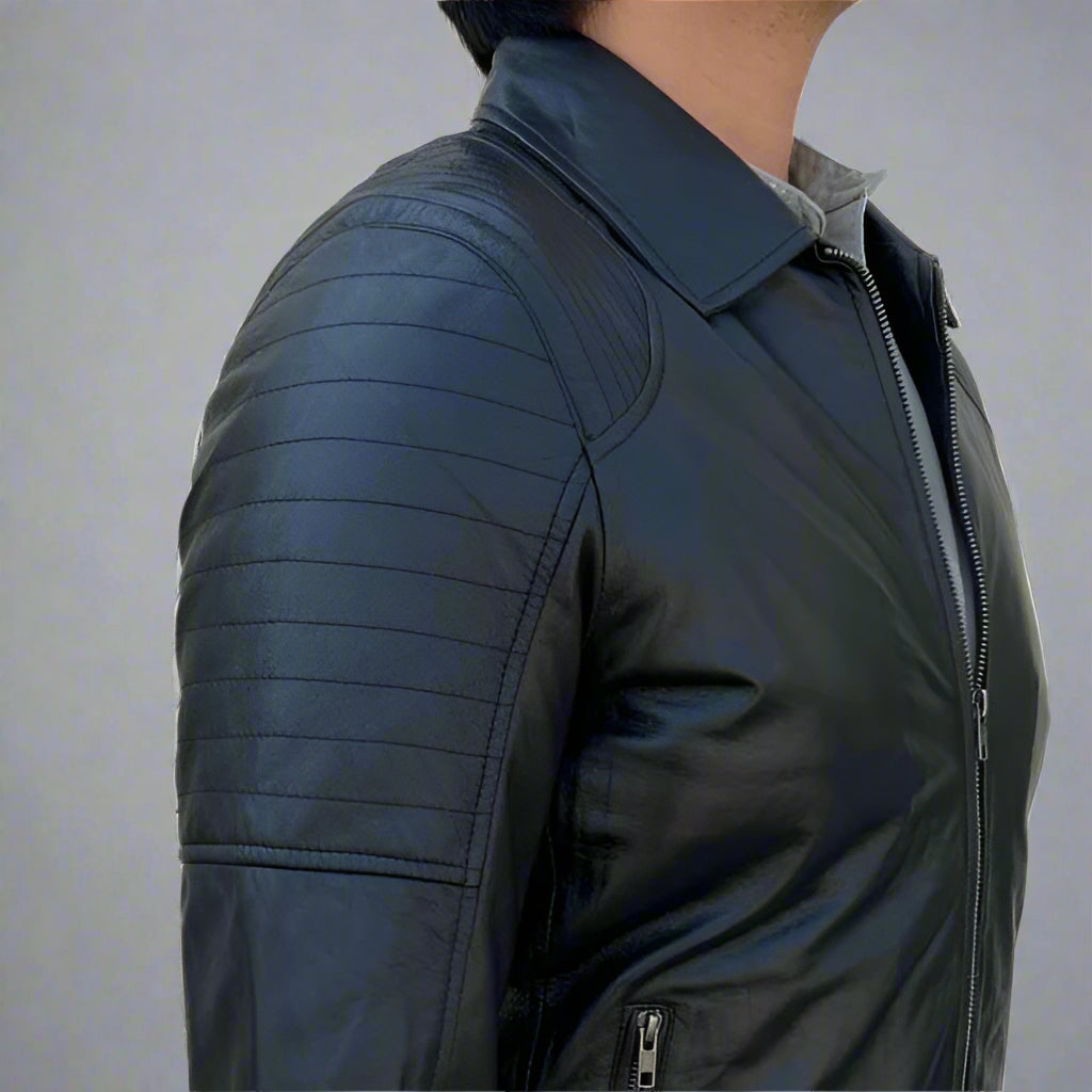 Men's Sheep Leather Jacket. Classic Quilted Shoulder Design with 2 Pockets-4