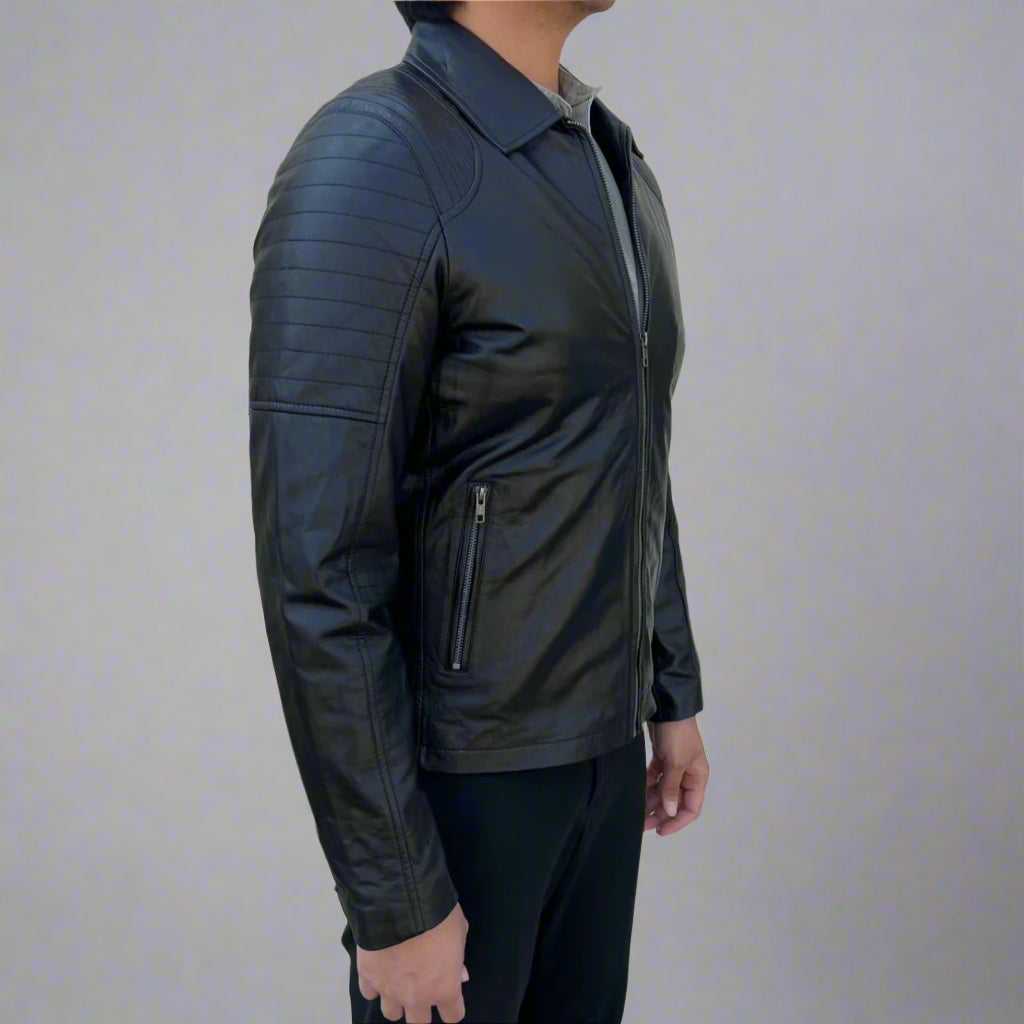 Men's Sheep Leather Jacket. Classic Quilted Shoulder Design with 2 Pockets-3