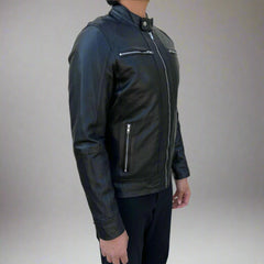 Men’s Sheep Leather Jacket. 4-Pocket, Stand Snap Collar & Silver Zippers-3