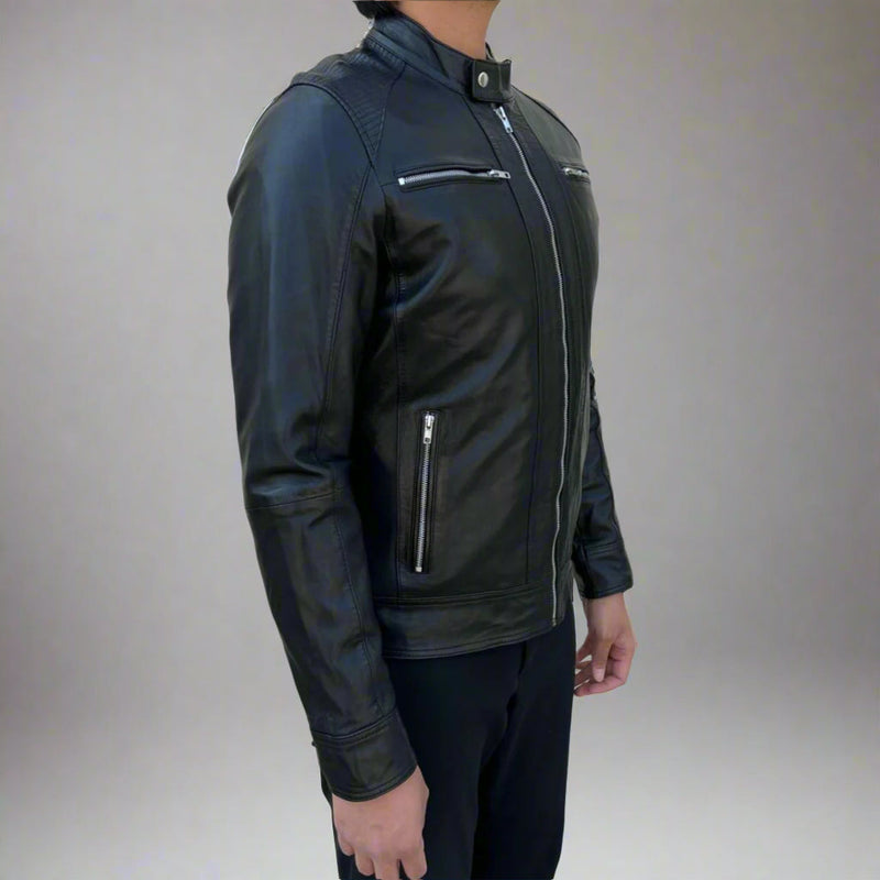 Men’s Sheep Leather Jacket. 4-Pocket, Stand Snap Collar & Silver Zippers-3