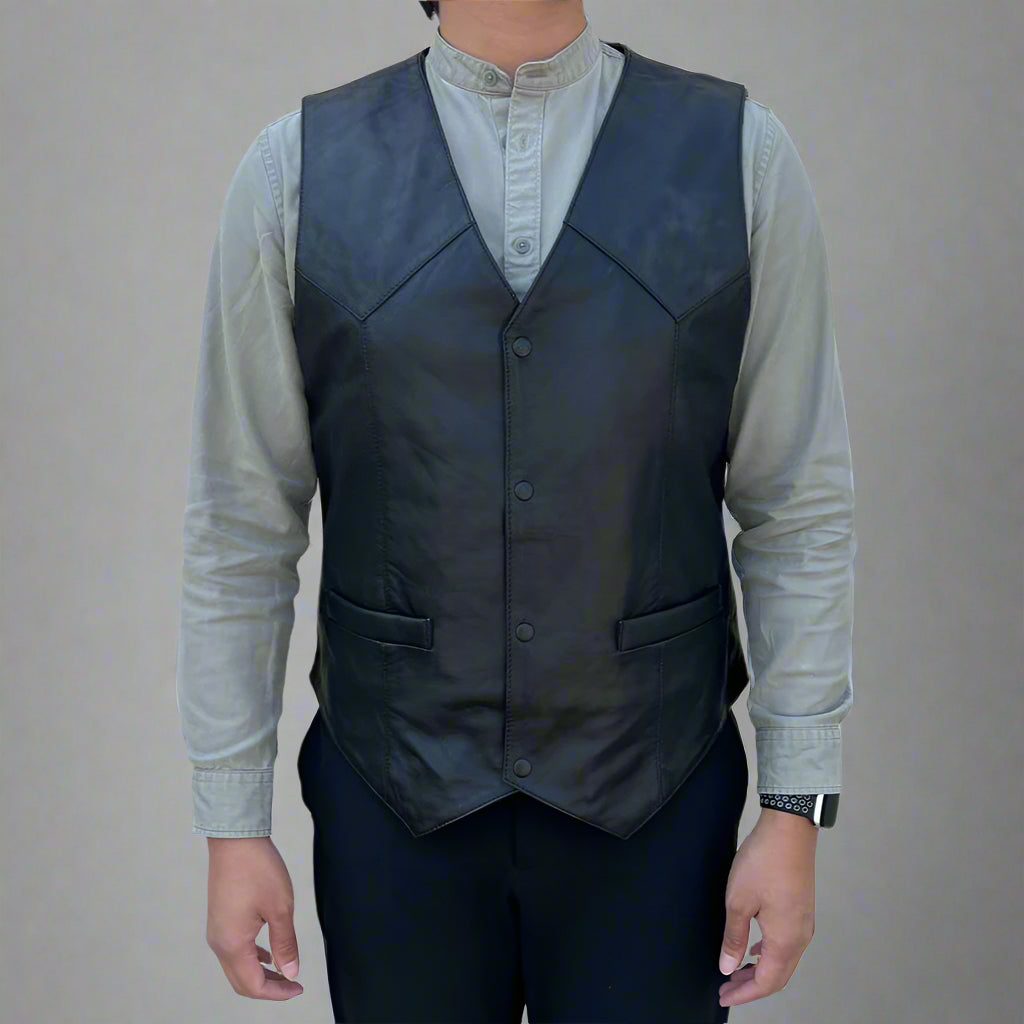 Men's Sheep Leather Vest. Snap Closure & Front Pockets-5