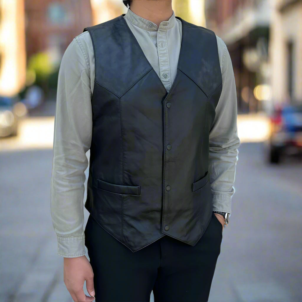 Men's Sheep Leather Vest. Snap Closure & Front Pockets-1