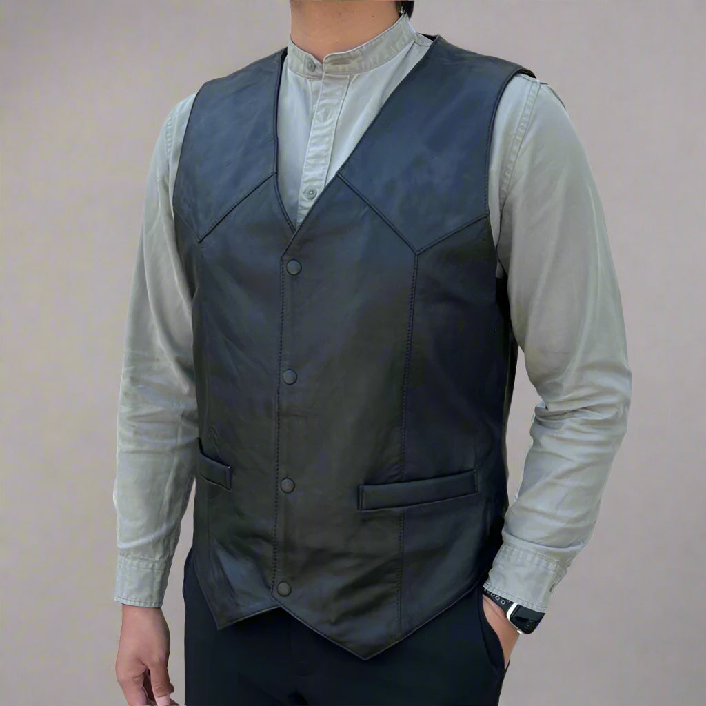 Men's Sheep Leather Vest. Snap Closure & Front Pockets-3