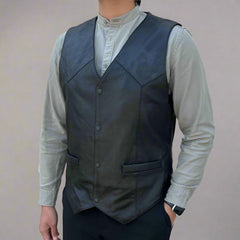 Men's Sheep Leather Vest. Snap Closure & Front Pockets-3