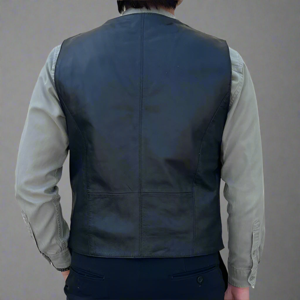 Men's Sheep Leather Vest. Snap Closure & Front Pockets-2