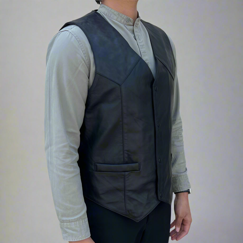 Men's Sheep Leather Vest. Snap Closure & Front Pockets-4
