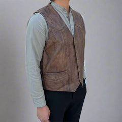 Men's Cow Leather Vest. Classic Style with Snap Closure & Front Pockets-3