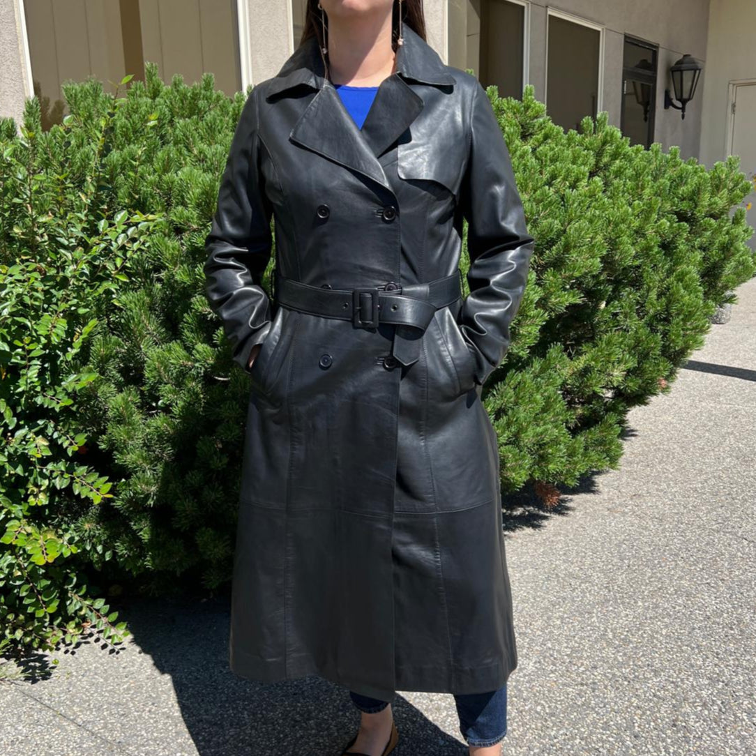 Women's Classic Leather Trench Coat. Double-Breasted Button Closure with Adjustable Belt-1