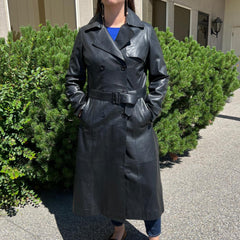 Women's Classic Leather Trench Coat. Double-Breasted Button Closure with Adjustable Belt-1