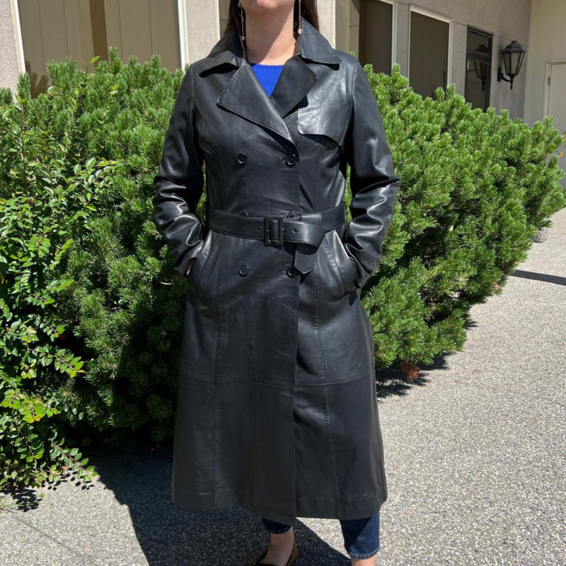 Women's Classic Leather Trench Coat. Double-Breasted Button Closure with Adjustable Belt-1
